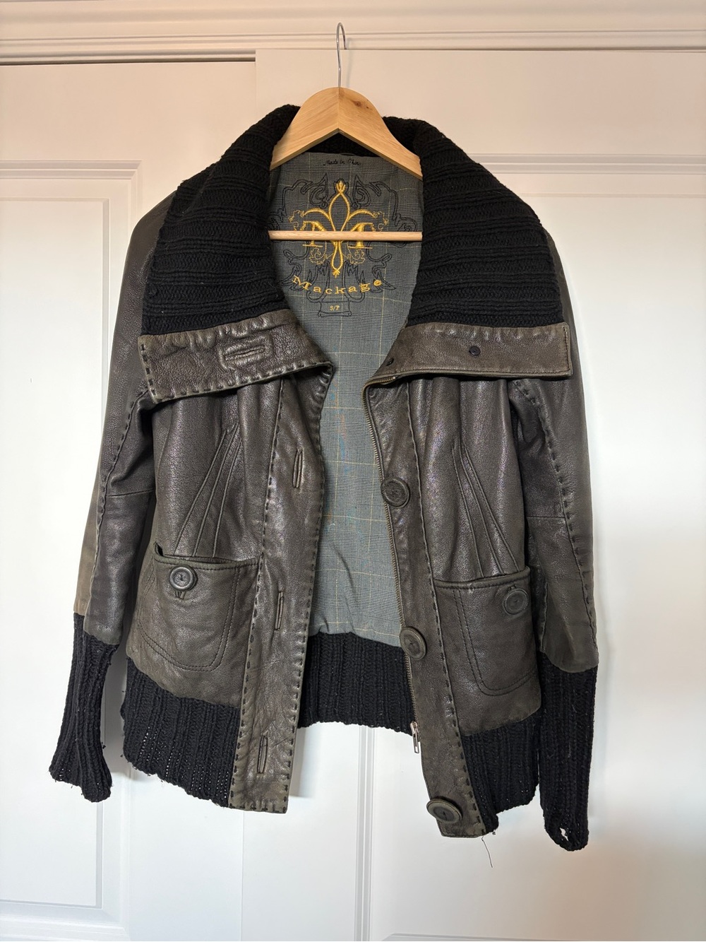 Mackage Black Leather & Knit Button Front Jacket
